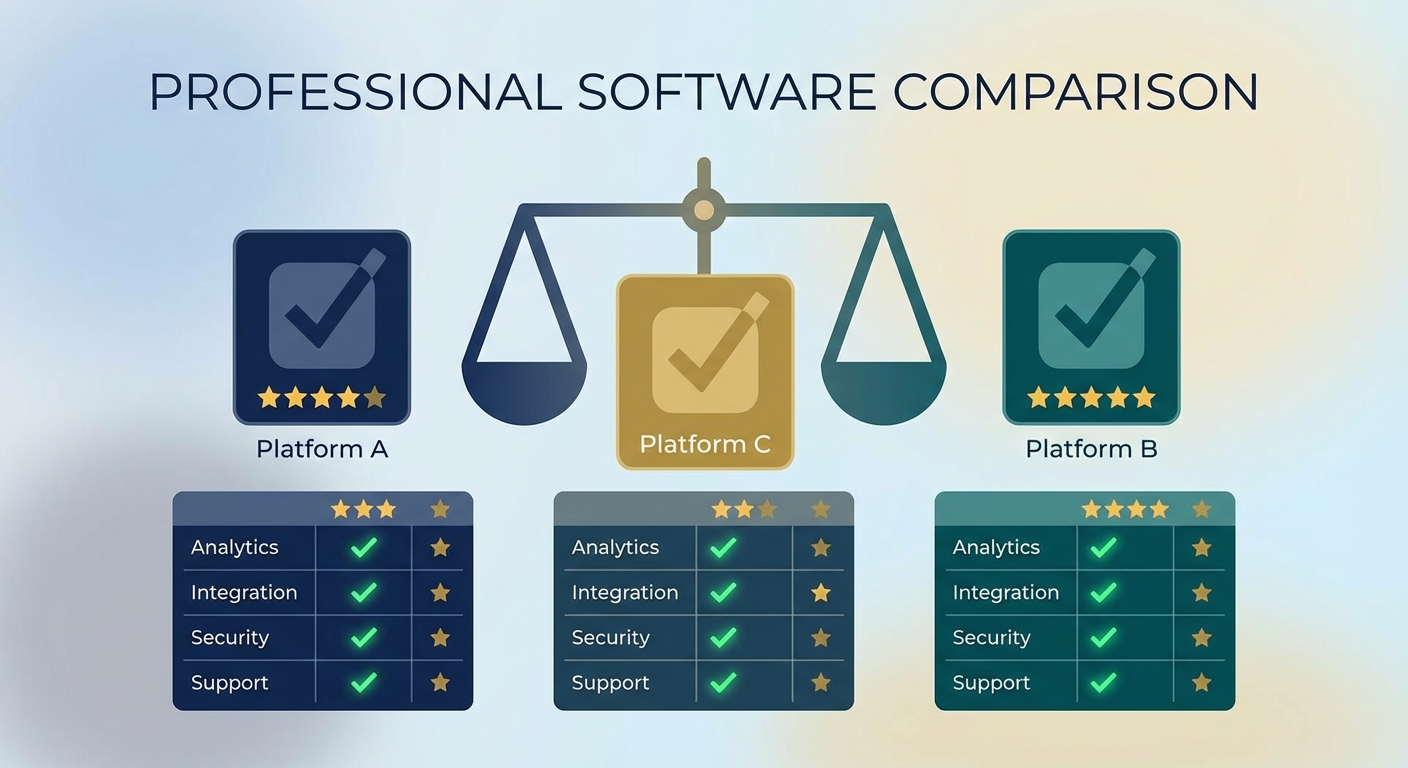 Comparison visualization showing multiple CRM platforms being evaluated with features and ratings
