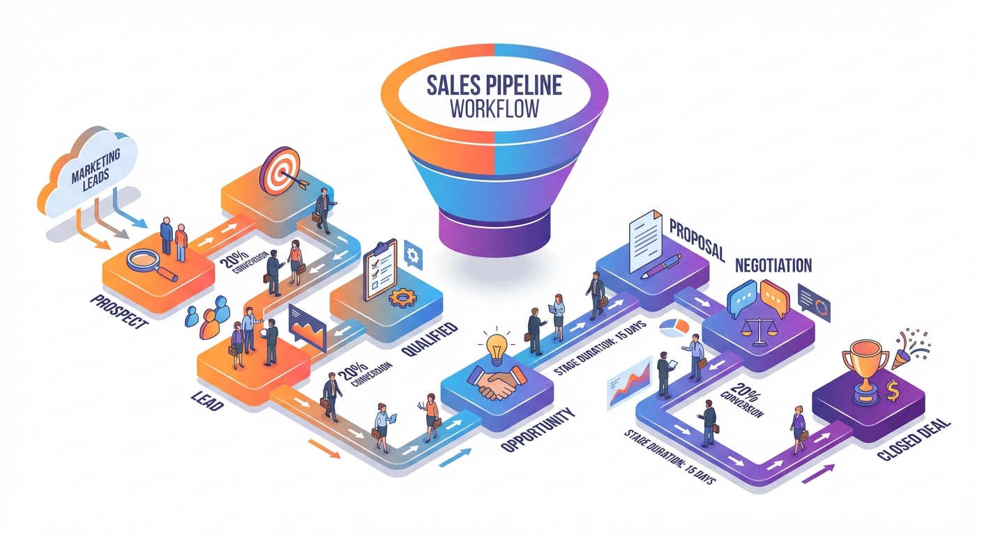 Visual sales pipeline showing lead progression through CRM stages from prospect to closed deal