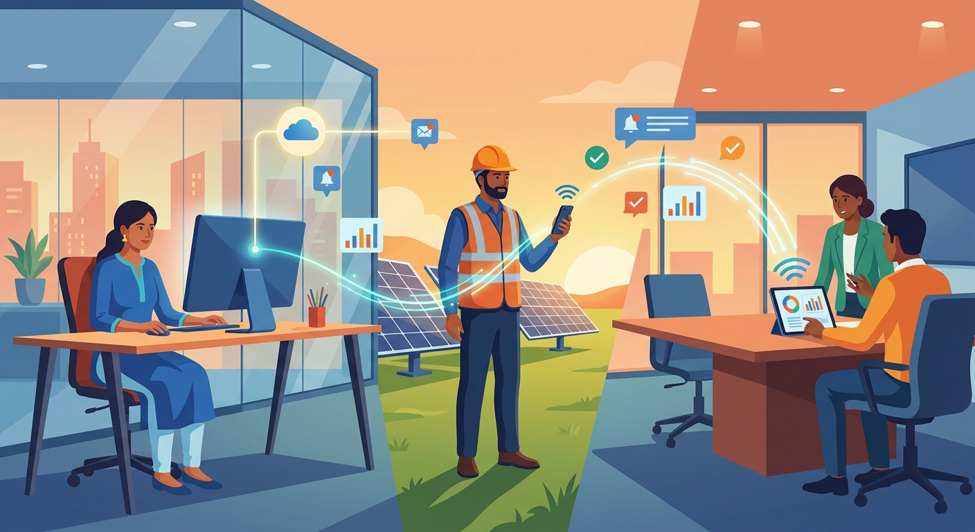 Solar sales team using mobile and desktop automation tools for coordinated workflow management