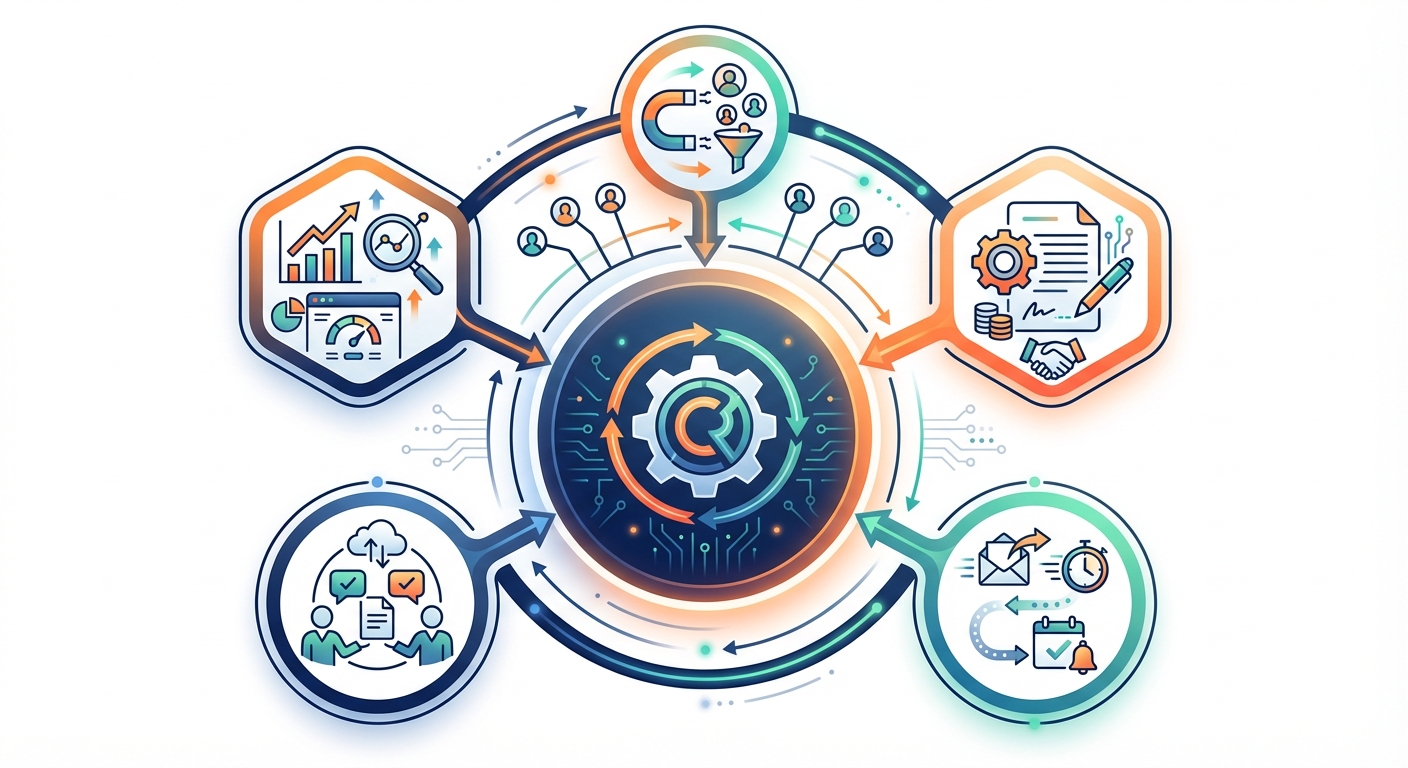 Core components of sales automation systems including lead management, proposal automation, and team coordination tools