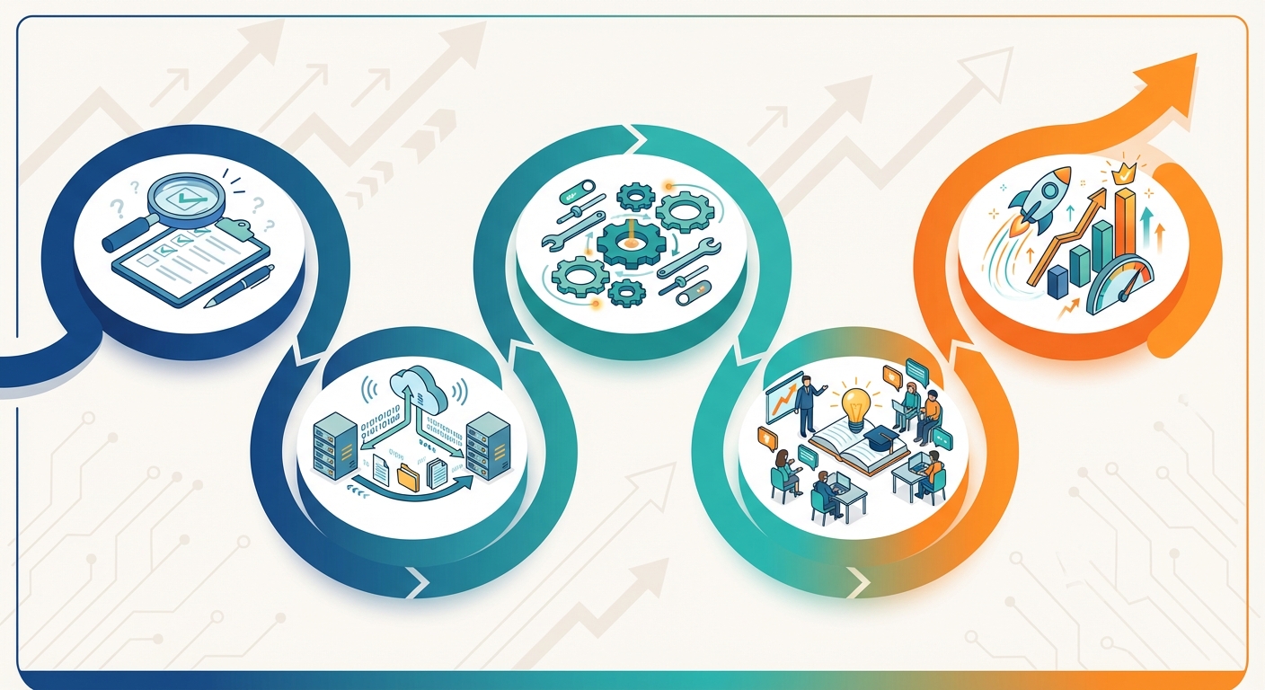 Implementation roadmap showing five phases from assessment to optimization for solar sales automation