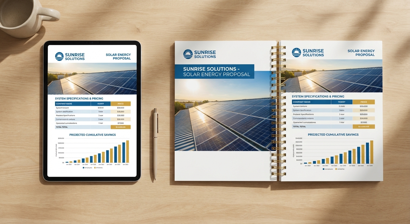 Professional solar proposal with sales conversion-focused branding and personalization
