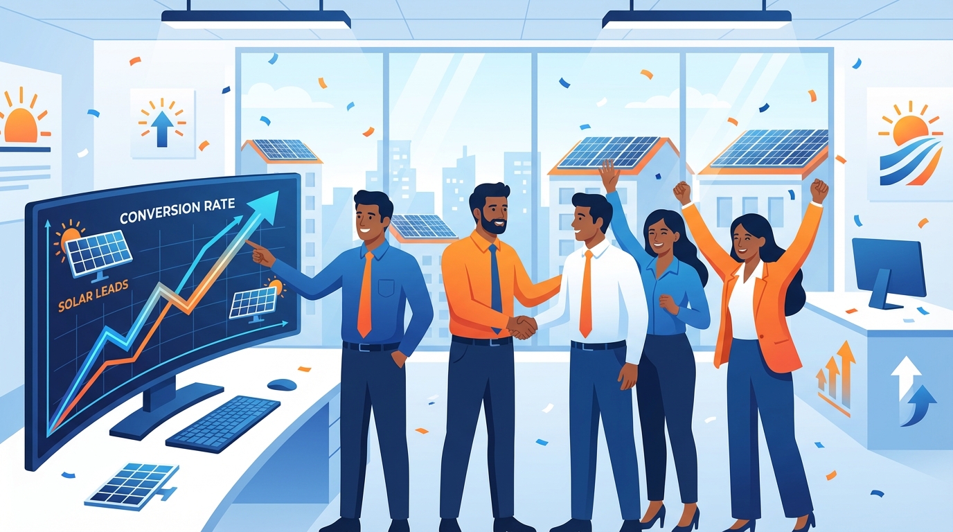 Solar company sales conversion success with team reviewing performance dashboard