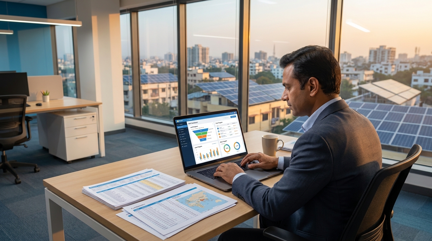 Solar sales professional performing a data import into a CRM dashboard in an Indian office