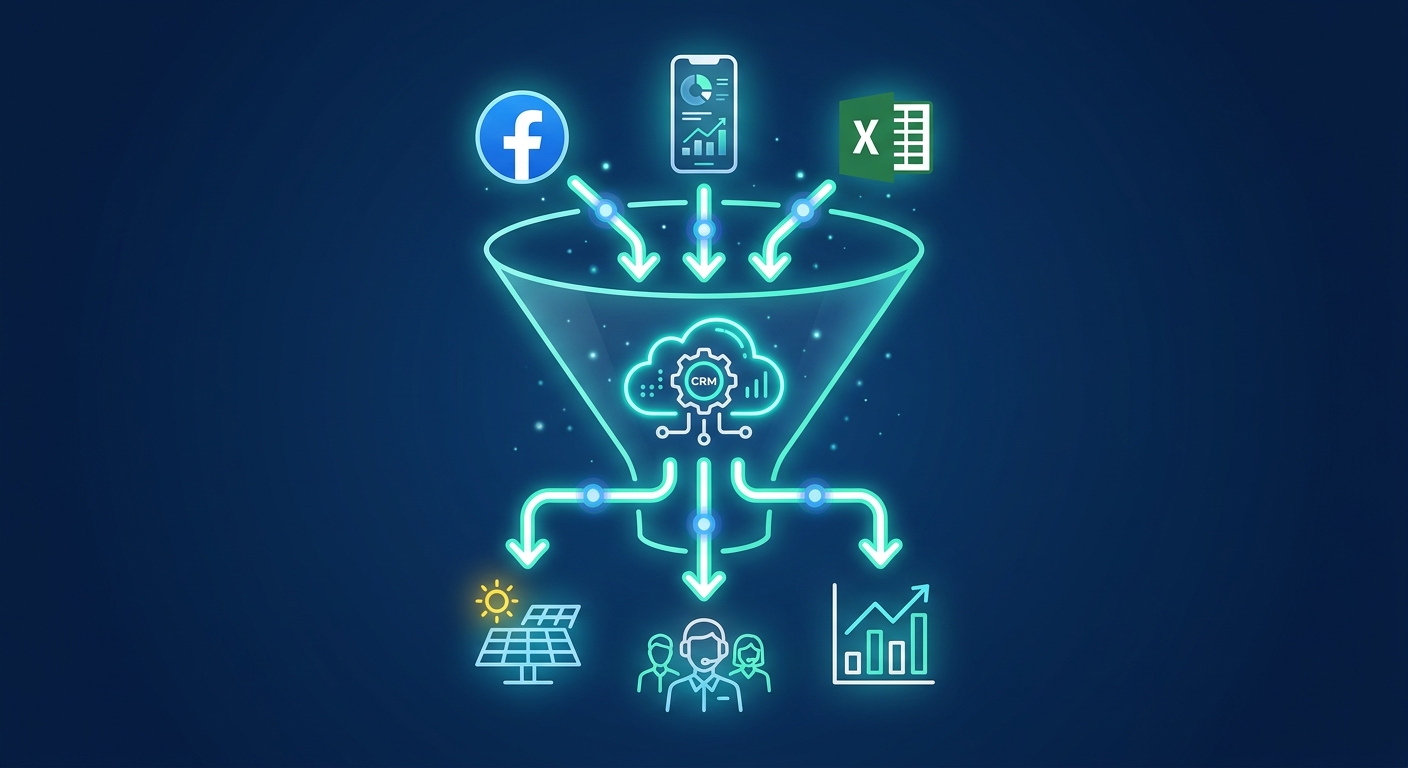 Automated lead flow diagram showing ongoing data import from Facebook Ads and field teams into solar CRM