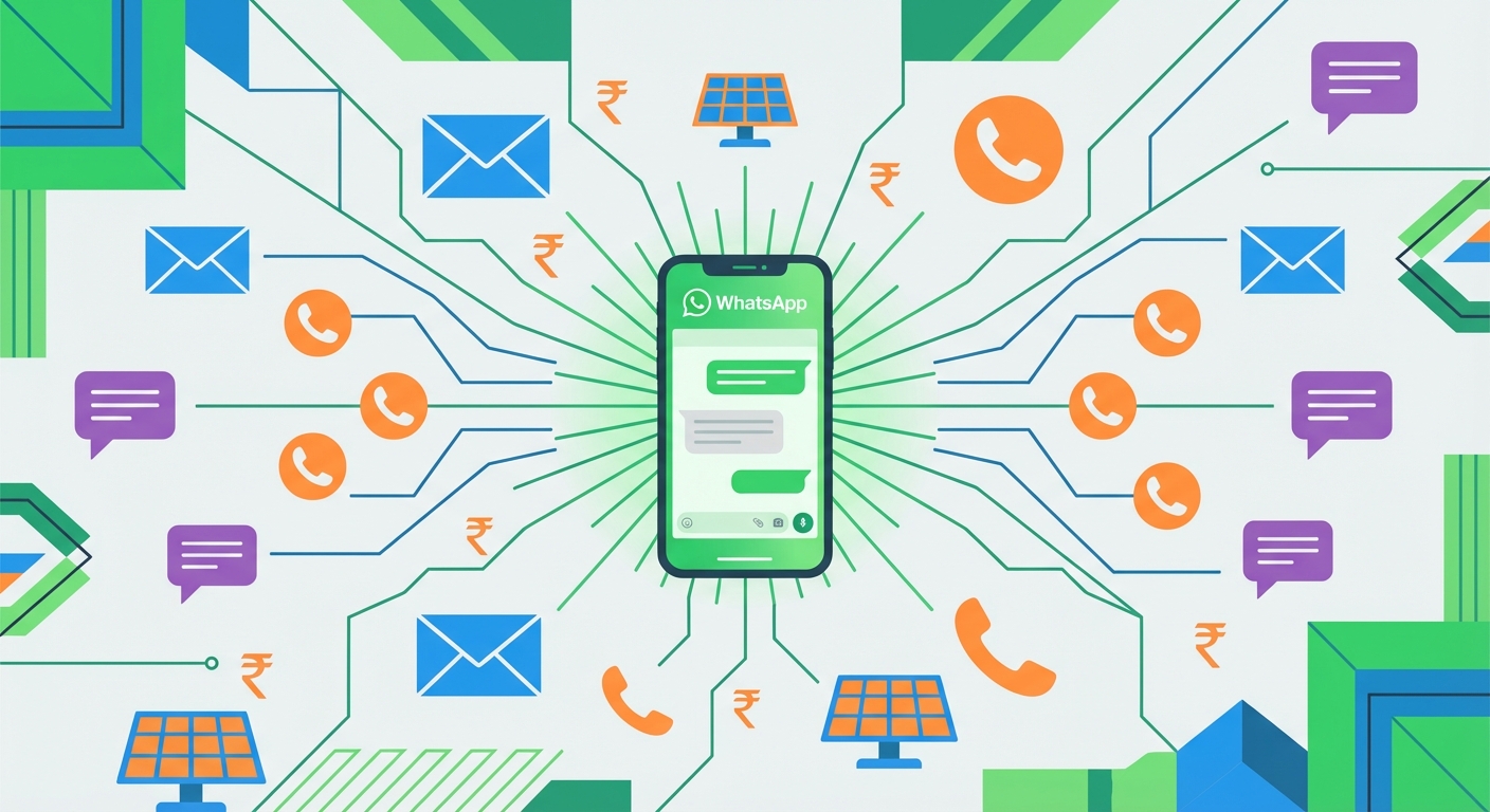Multi-channel communication strategy illustration showing WhatsApp, email, and phone integration for solar lead follow-up