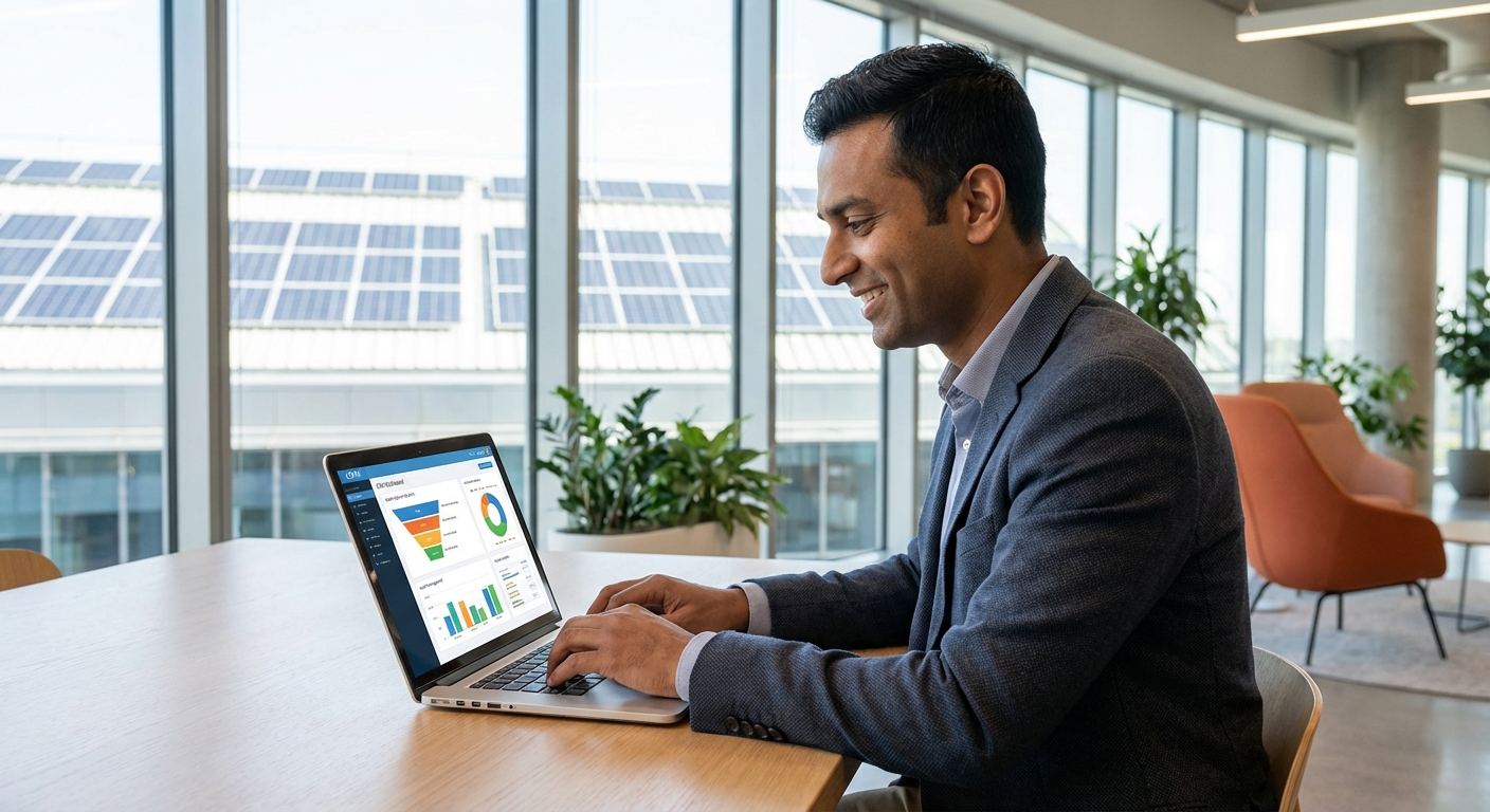 Indian solar business professional managing leads on CRM dashboard with solar panels in background