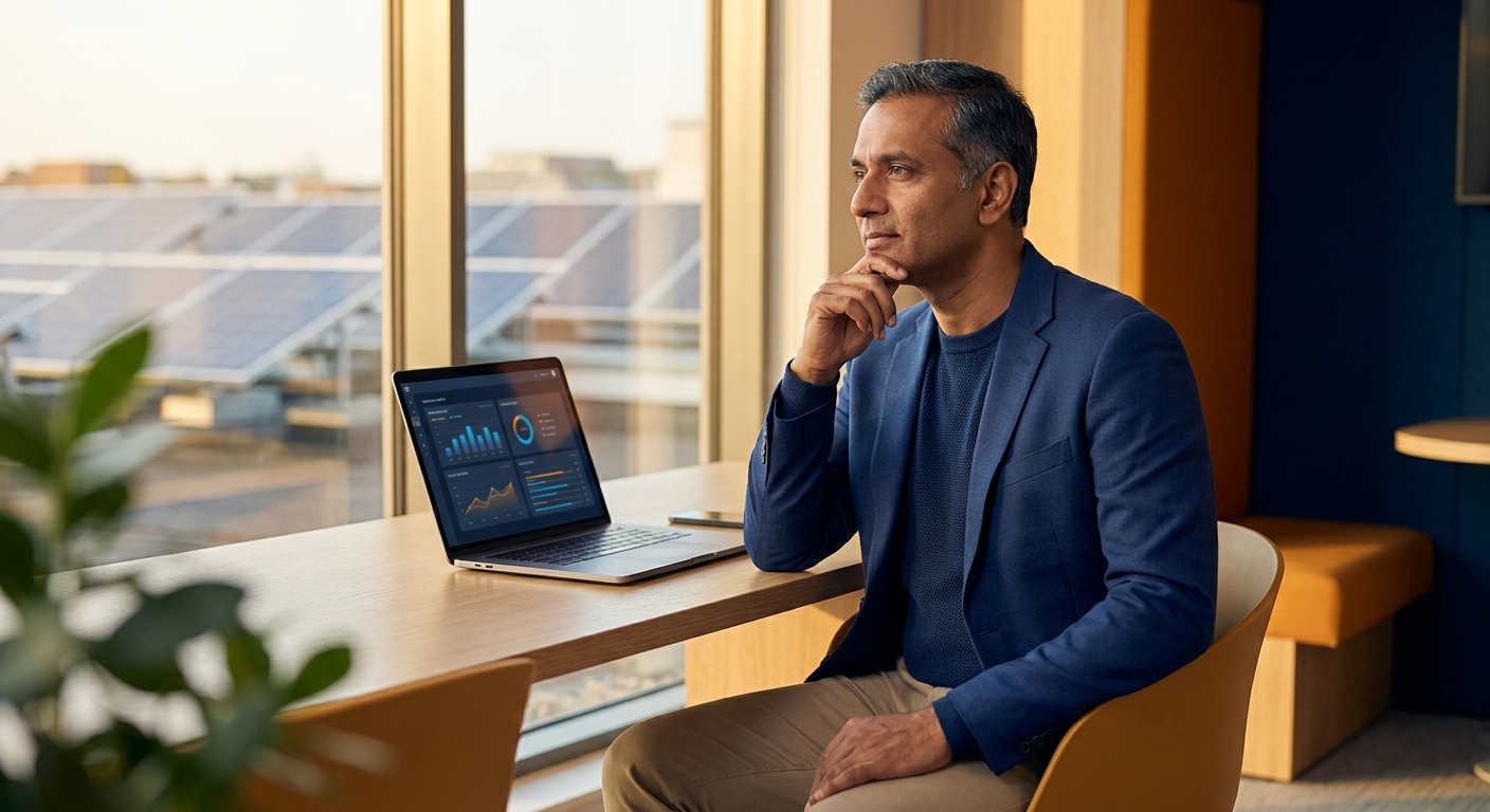 Solar business owner comparing CRM vs ERP software options on a laptop
