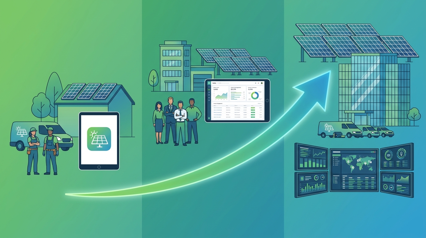 Solar business growth stages showing CRM vs ERP software needs from small installer to large enterprise