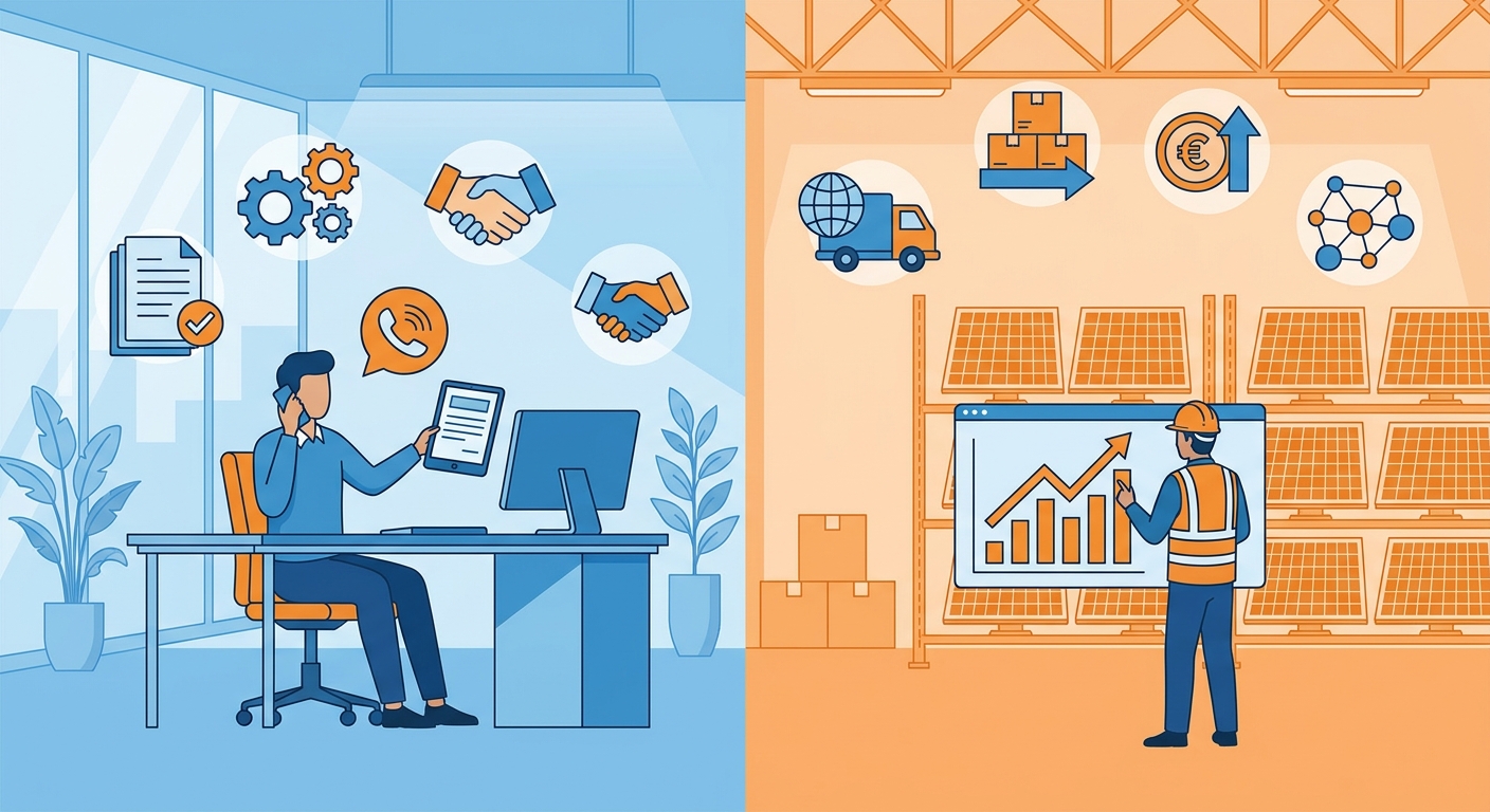 CRM vs ERP comparison showing front-office sales functions versus back-office operations for solar businesses