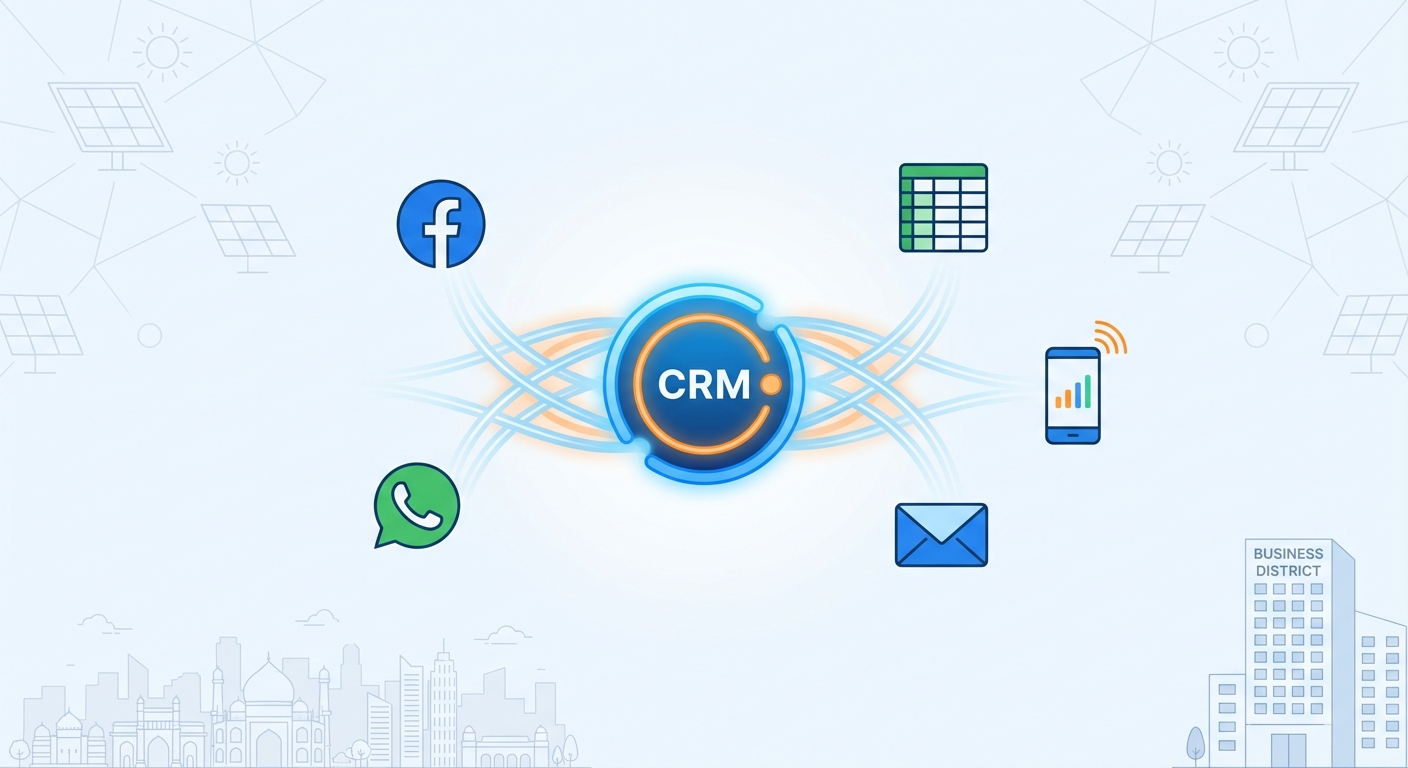 CRM integration workflow showing connected digital systems for Indian solar businesses