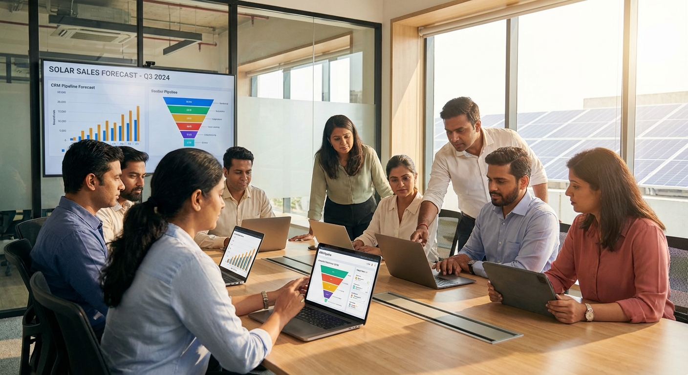 solar sales team collaborating on CRM pipeline review and sales forecasting
