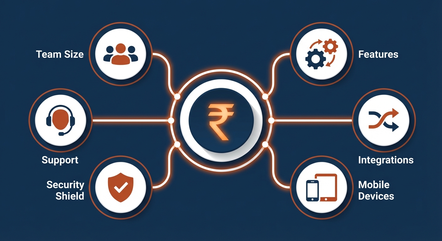 Interconnected factors affecting solar CRM pricing including team size, features, integrations, and support levels