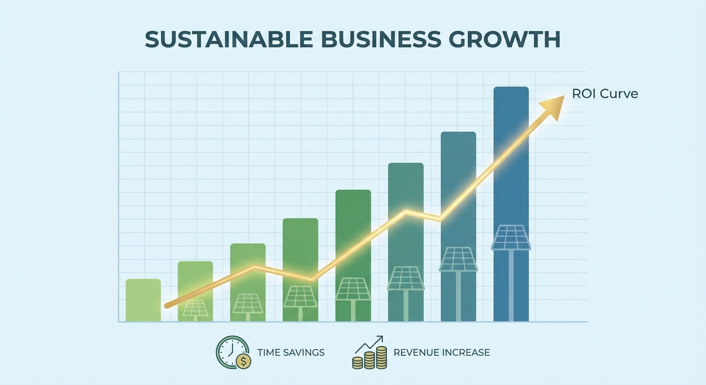 Upward growth chart showing CRM ROI trajectory with solar panel icons and revenue increase metrics