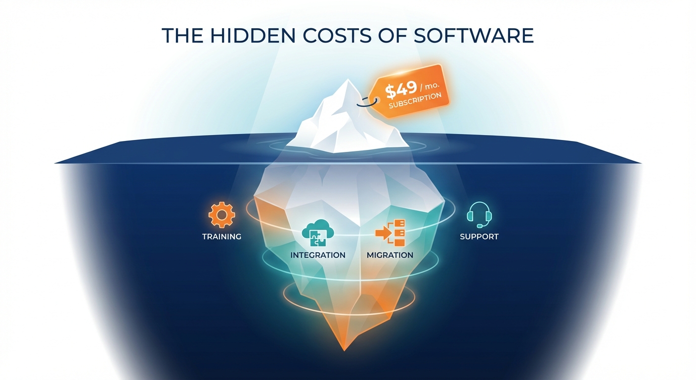 Iceberg illustration showing visible CRM subscription costs above water and hidden implementation expenses below