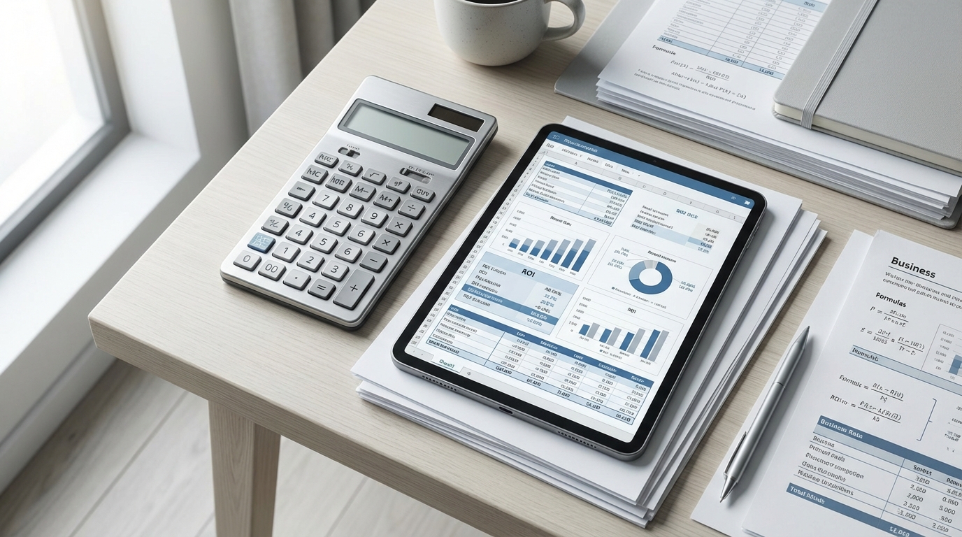 Calculator and spreadsheet showing ROI calculations and financial formulas for CRM investment
