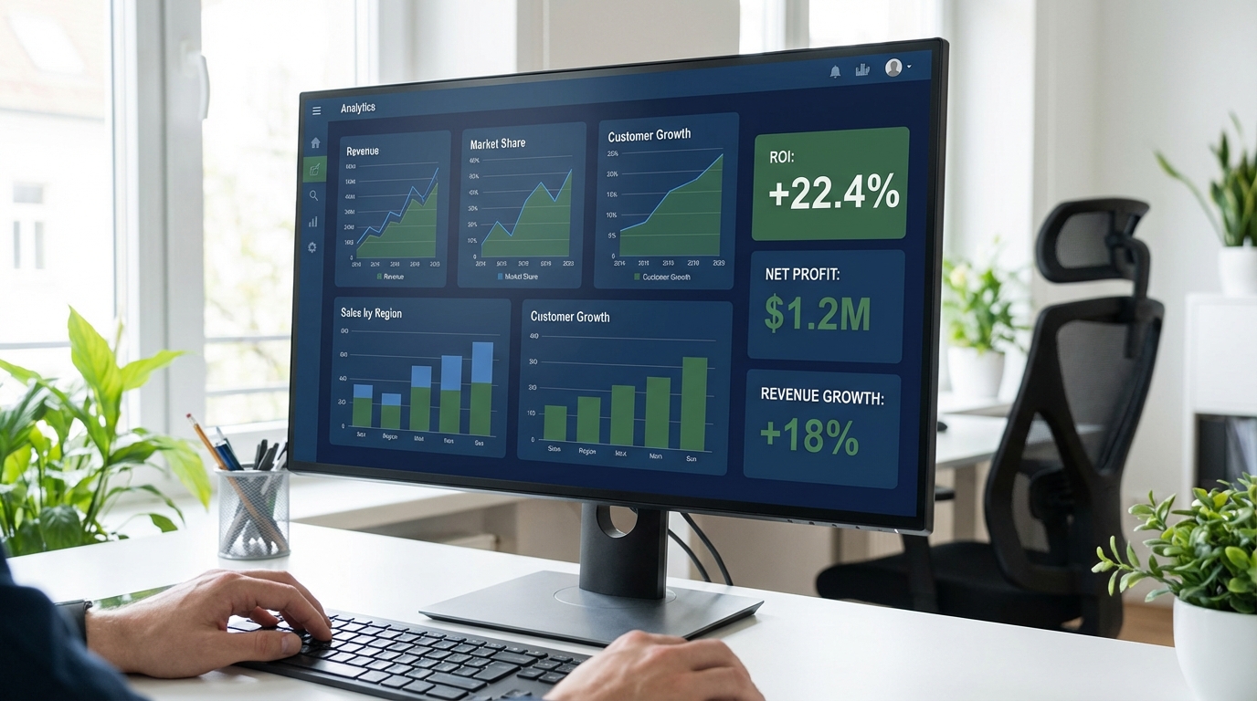 Business analytics dashboard showing CRM ROI metrics and growth charts for solar companies