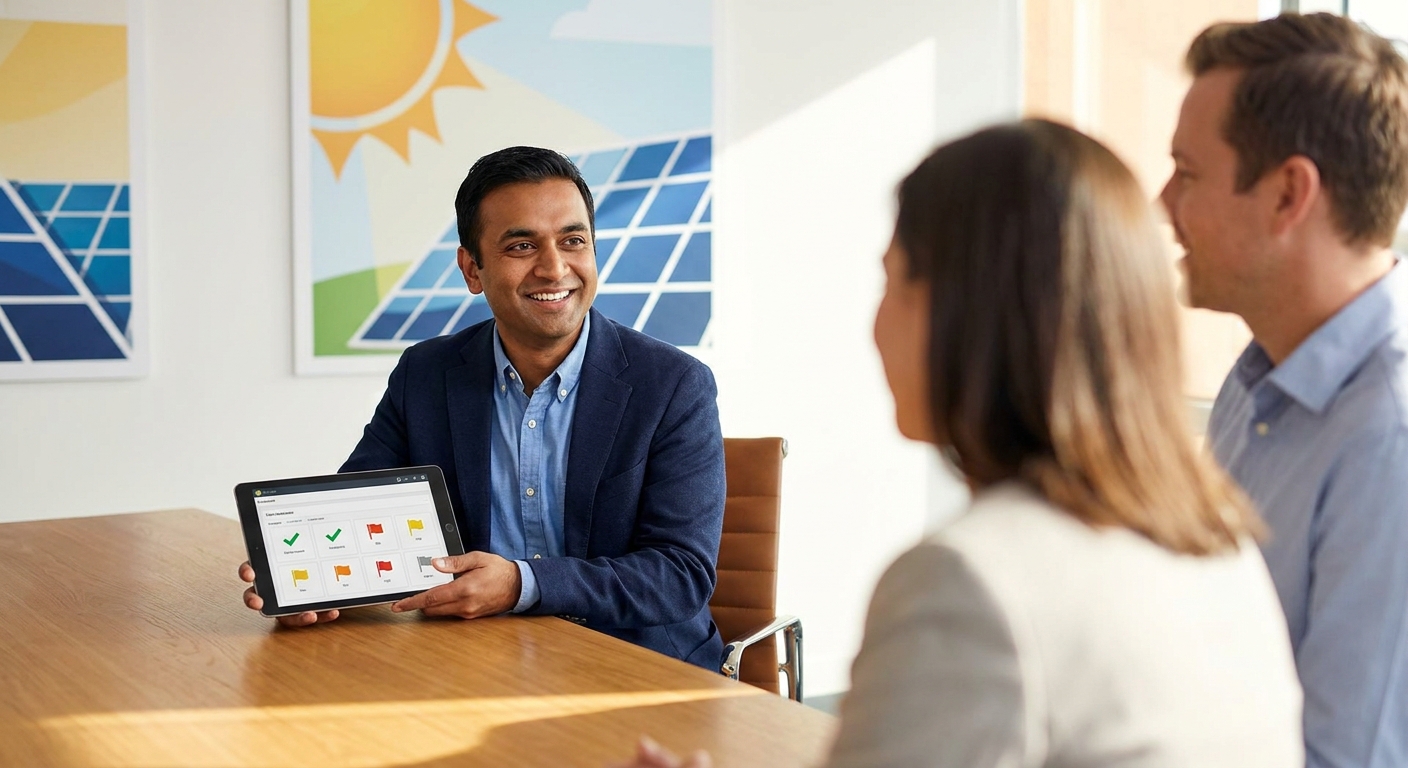 solar sales manager reviewing prioritized task management list on tablet during team meeting
