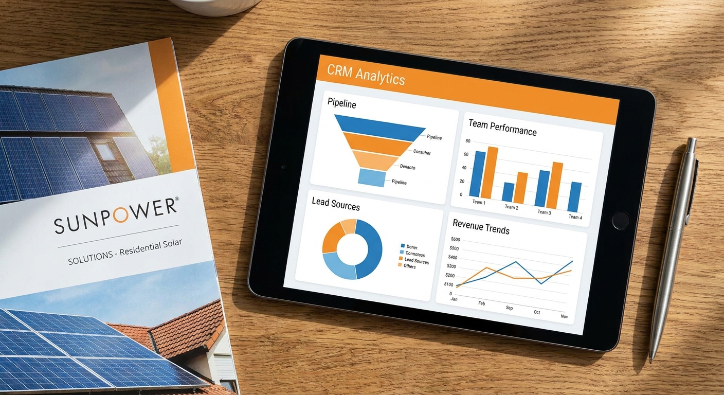 CRM reporting dashboard showing 7 report types on a tablet for solar business