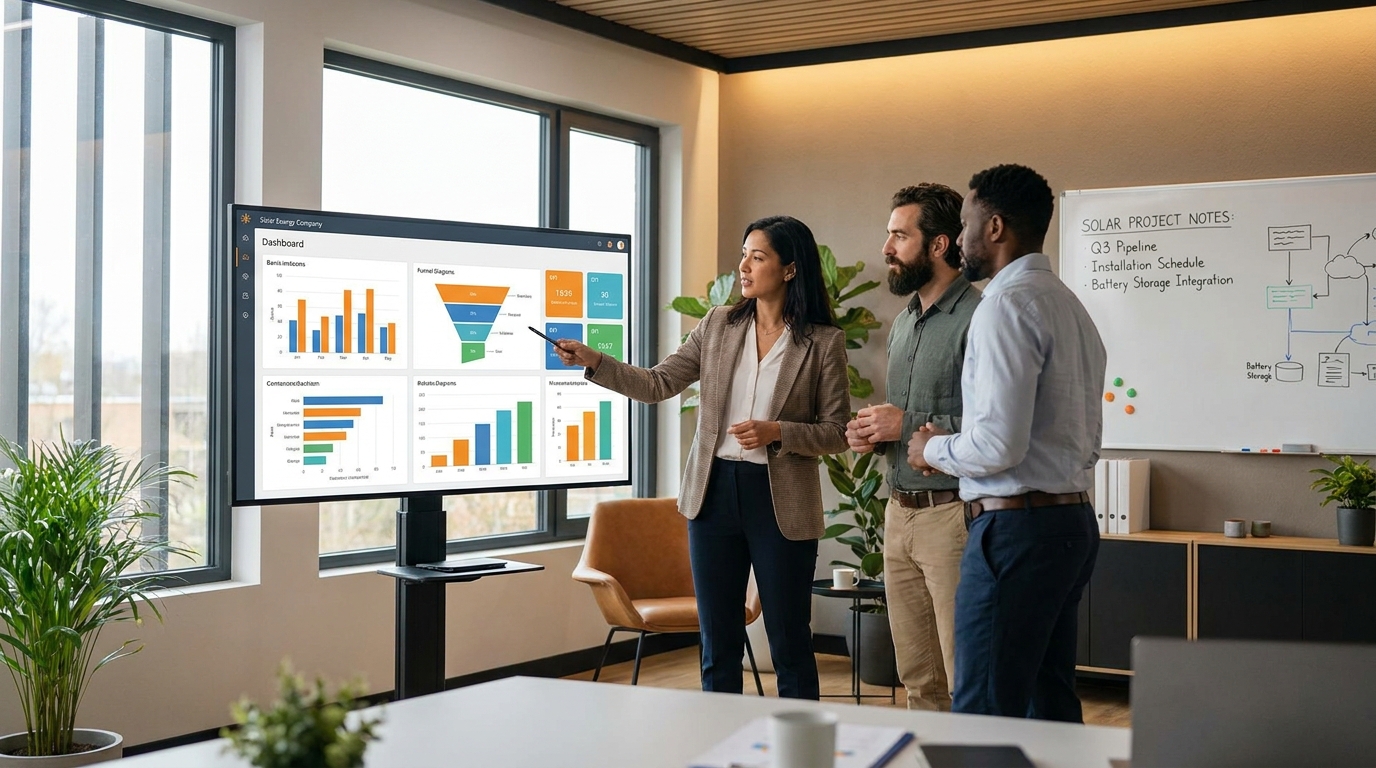Solar sales team reviewing CRM reporting dashboard on office screen
