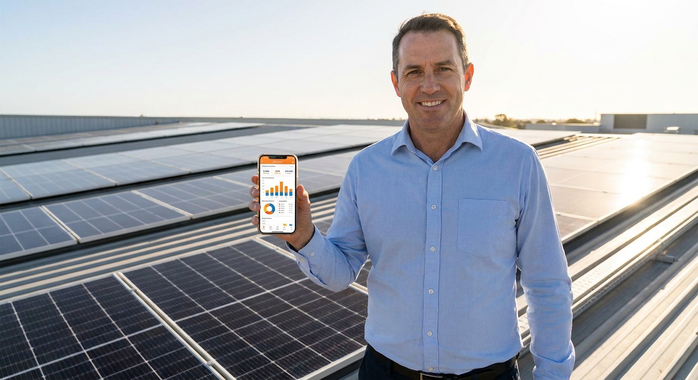 Solar sales manager reviewing CRM reporting on mobile at installation site