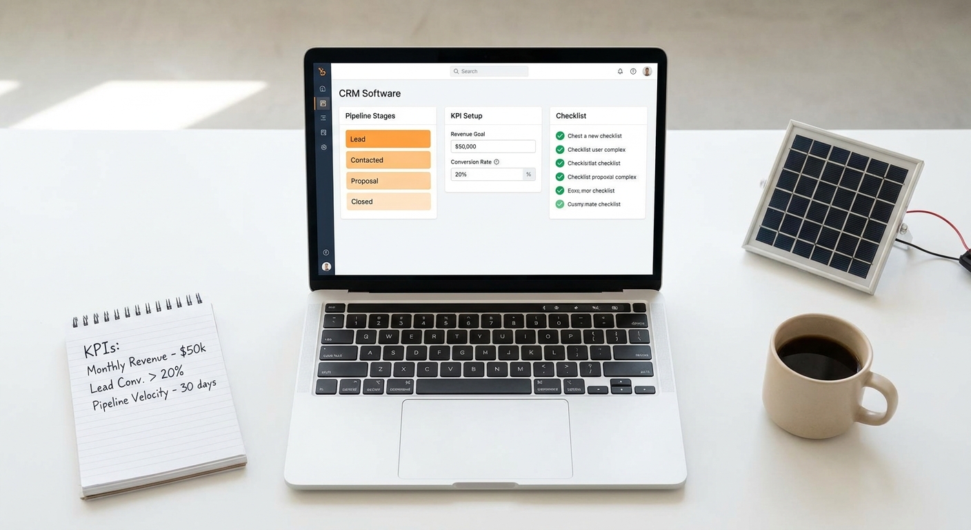 CRM reporting setup checklist on laptop screen for solar sales team