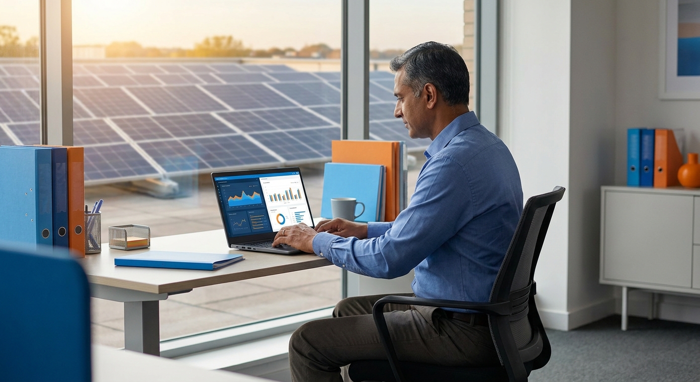 Solar sales professional comparing CRM systems on a laptop with solar panels in the background