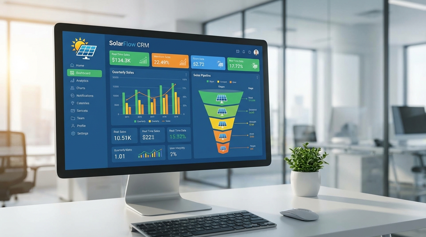 Modern solar CRM dashboard interface showing analytics and sales pipeline visualization for 2026