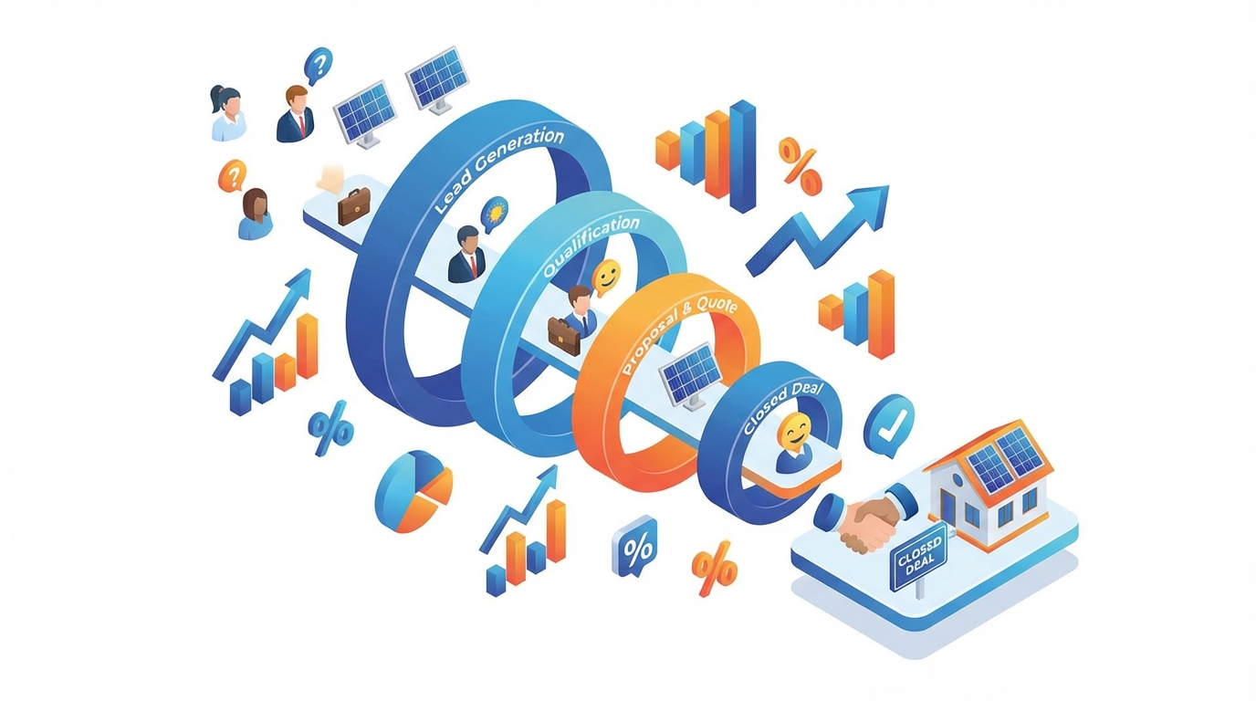 Solar sales pipeline visualization showing lead stages from initial contact to closed deal
