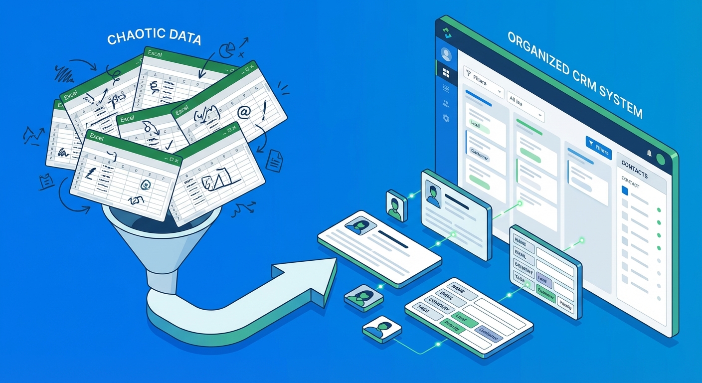 Lead data import process showing Excel spreadsheet being organized into CRM setup system