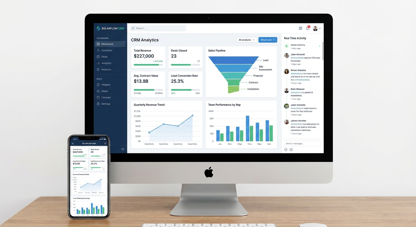 Customized CRM setup dashboard showing real-time solar sales analytics and team performance metrics