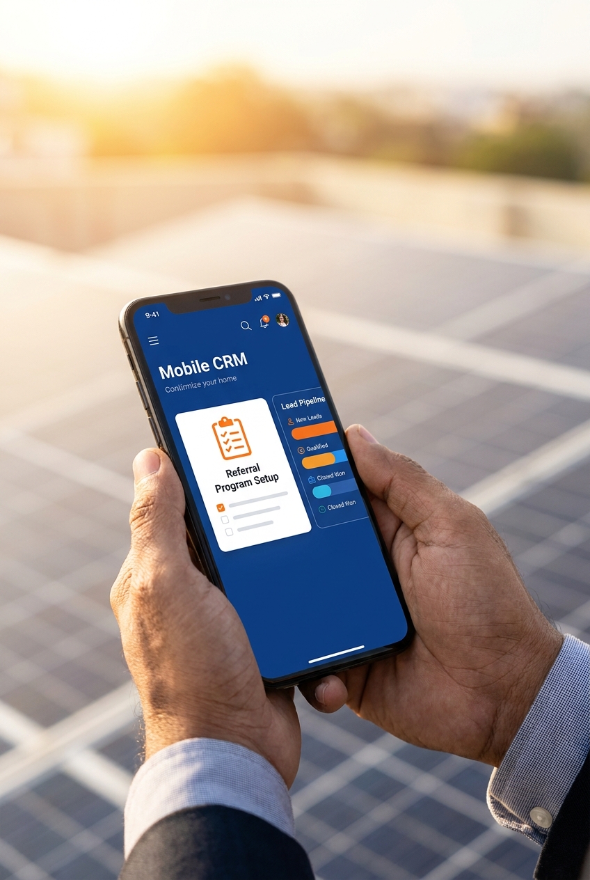 Setting up solar CRM referral programs on a mobile app with pipeline and checklist view