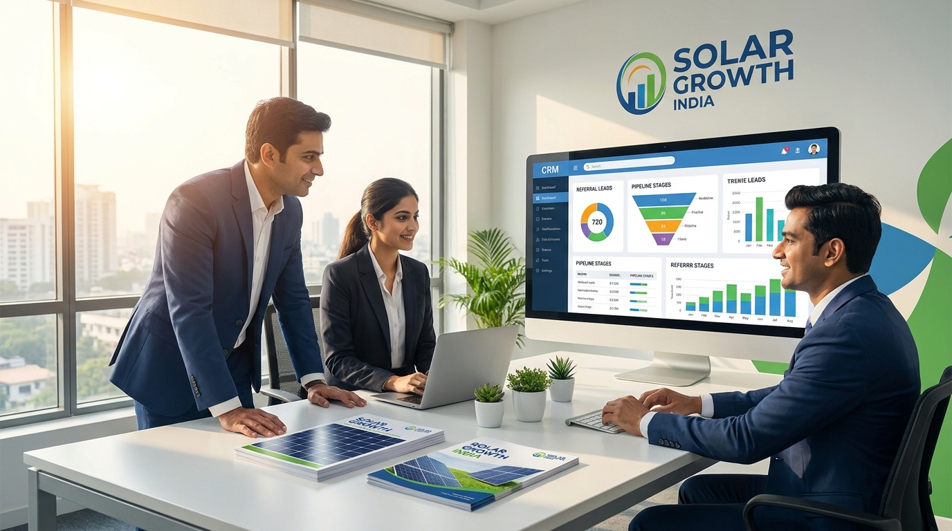 Solar sales team managing referral programs on a CRM dashboard in an Indian office