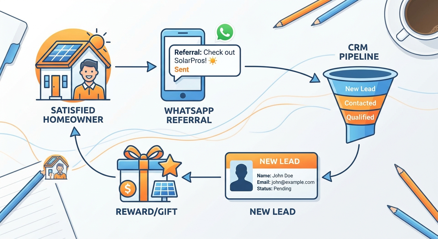 CRM referral program workflow for solar companies showing lead journey from satisfied customer to new referral lead