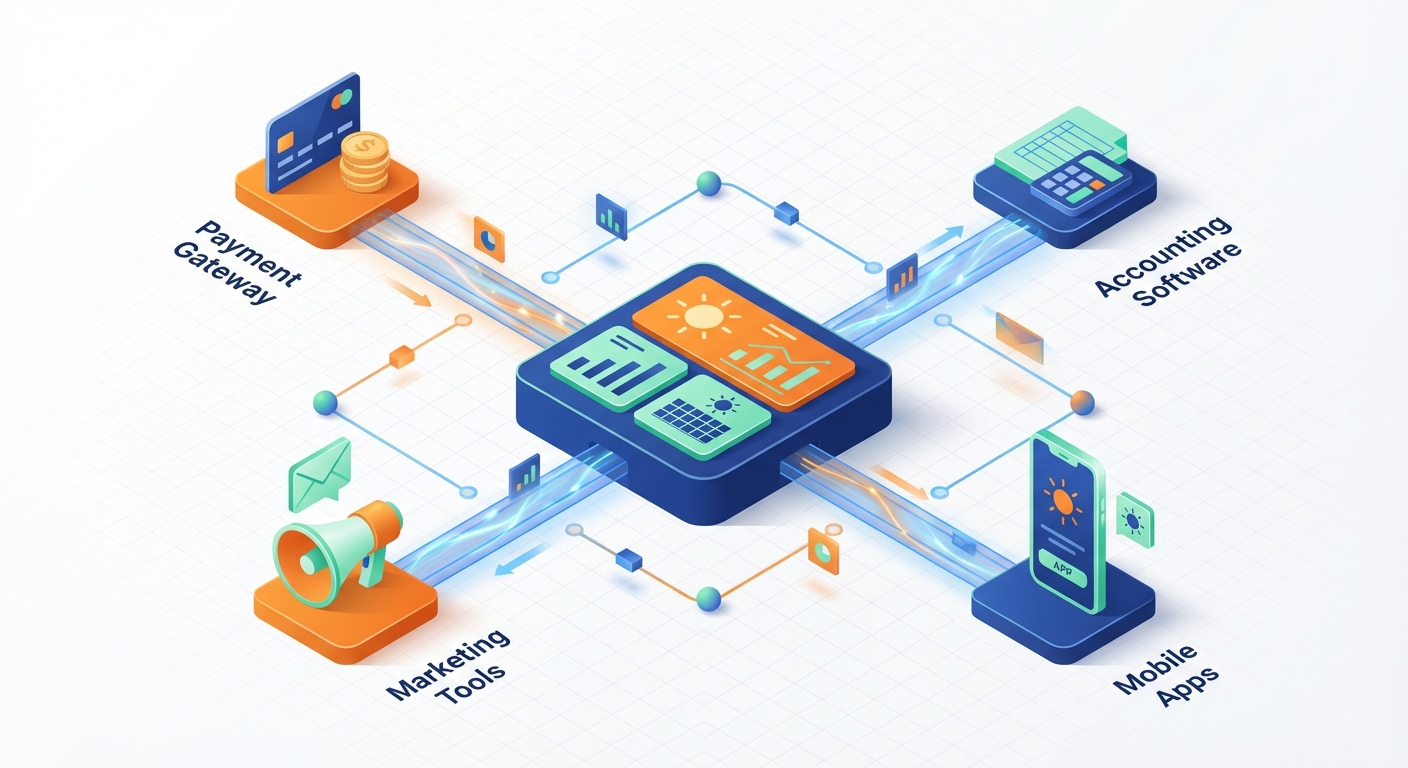 API integration connecting solar CRM with payment gateways and marketing tools