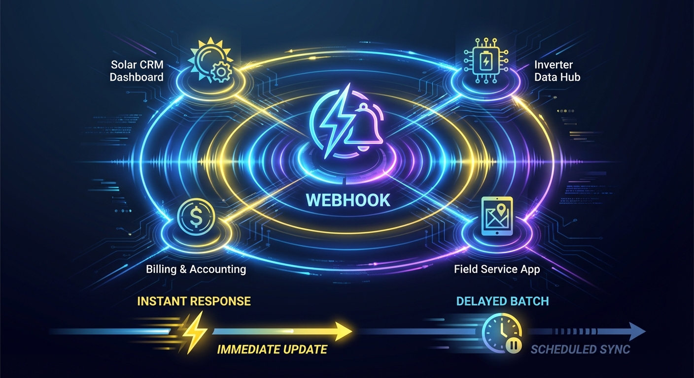 Webhook real-time data synchronization for solar CRM automation