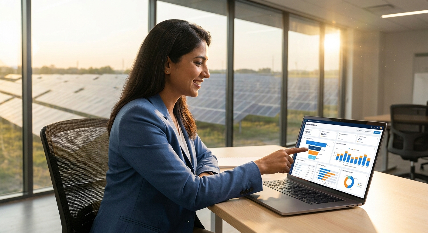 solar sales professional reviewing CRM dashboard with solar panels in background