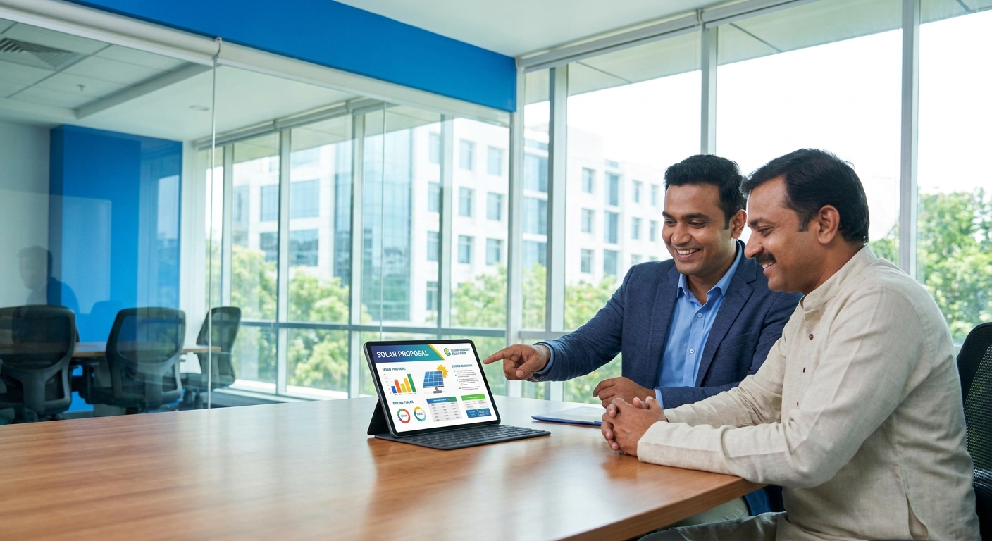 solar sales proposal being reviewed on tablet by client and sales representative