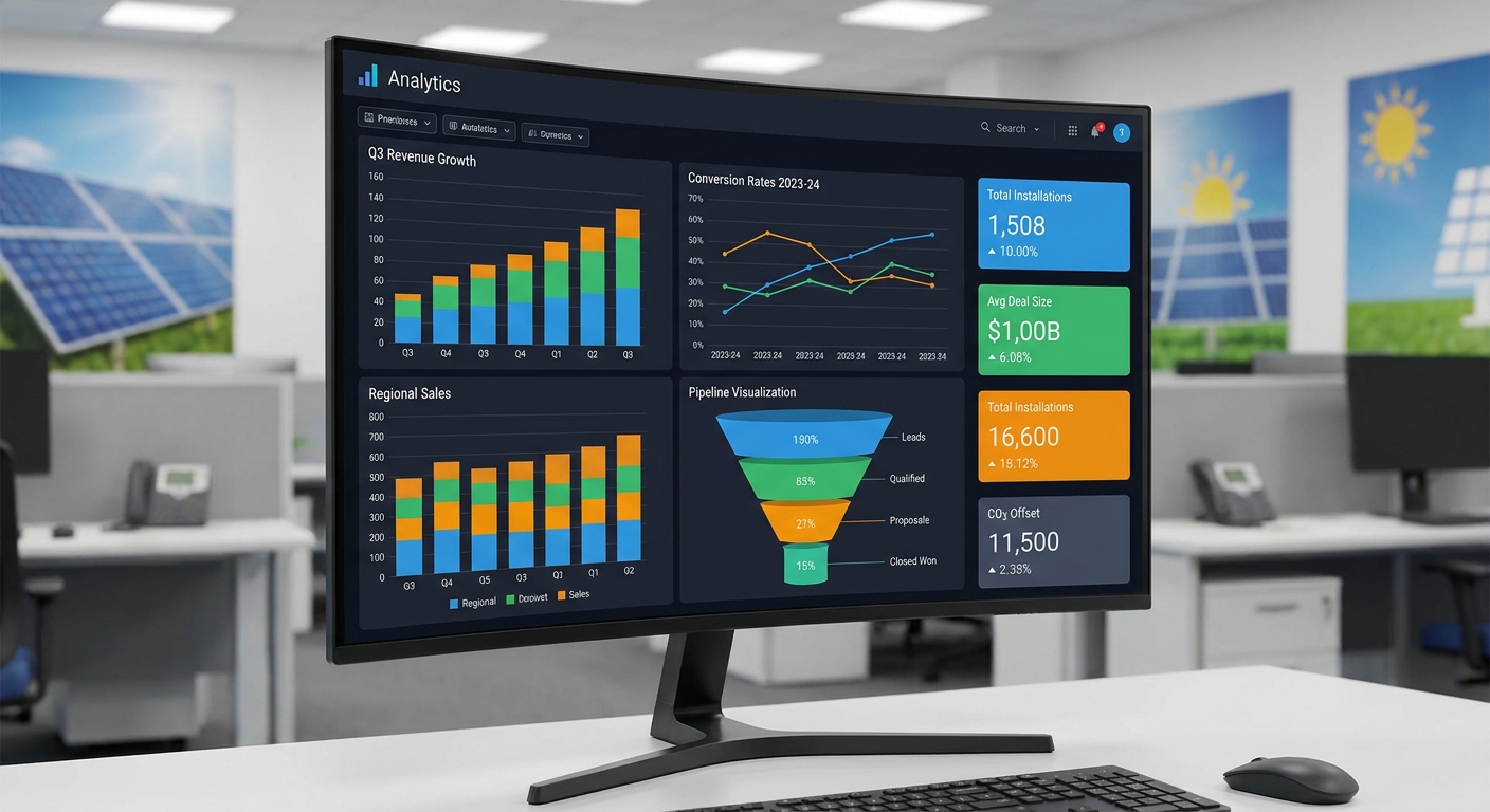 solar sales analytics dashboard showing CRM ROI metrics and performance charts