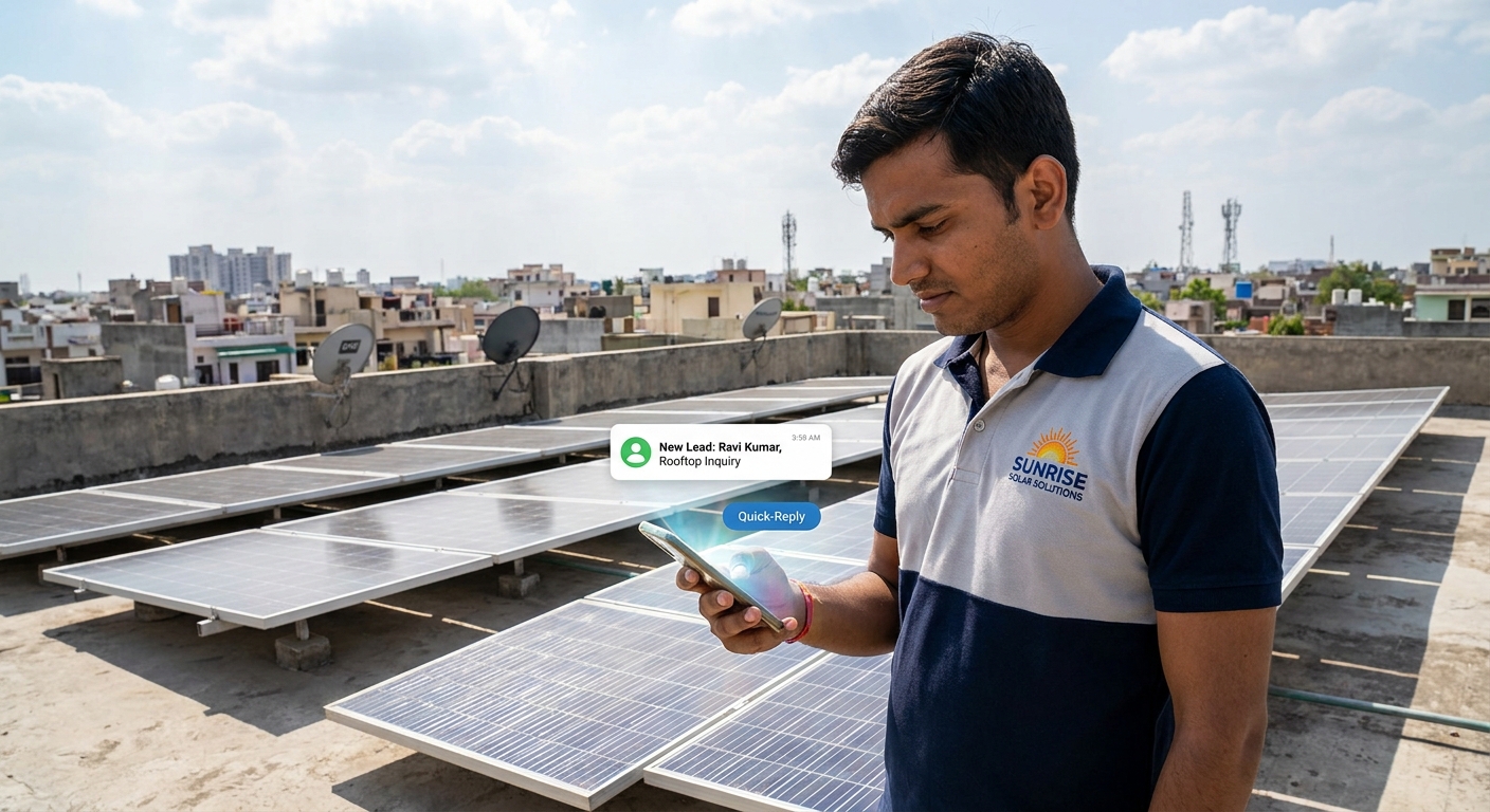 solar sales rep using mobile CRM app to respond to leads instantly on a rooftop