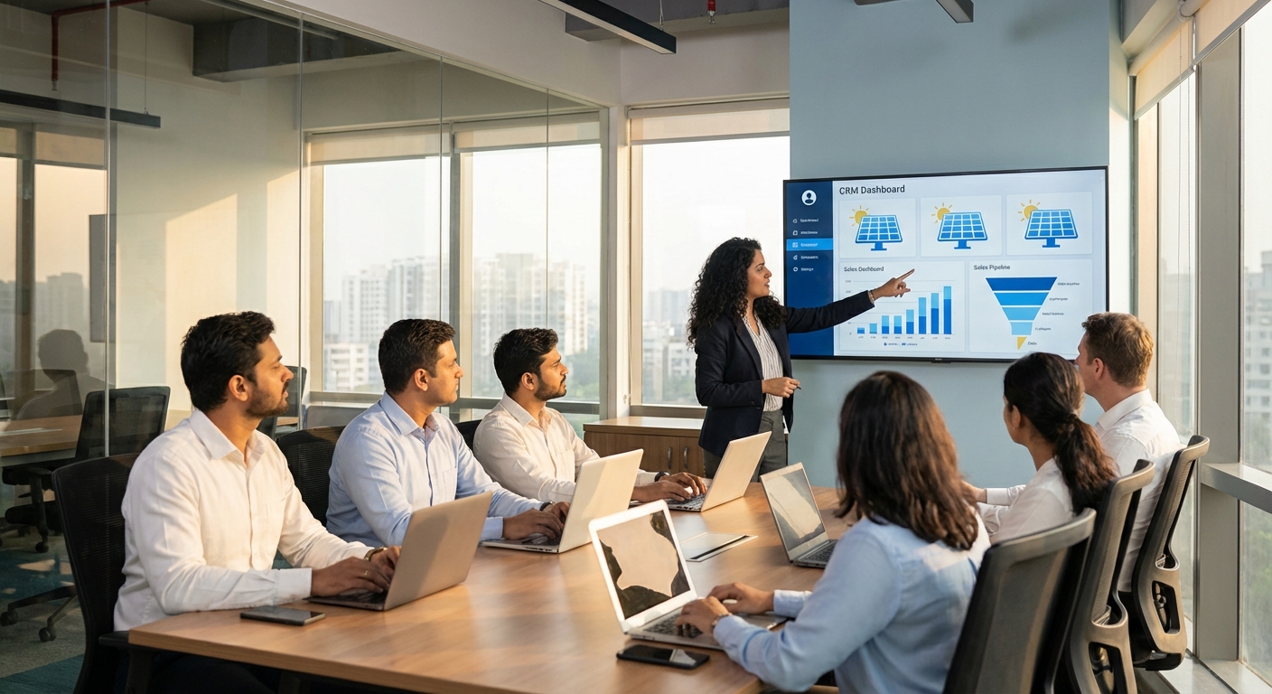 CRM onboarding training session for solar sales team with dashboard display