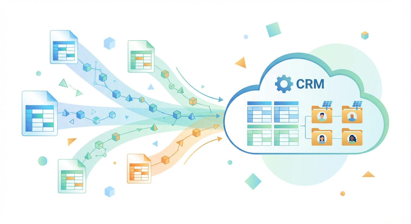 Data migration process showing organized customer data flowing into CRM system