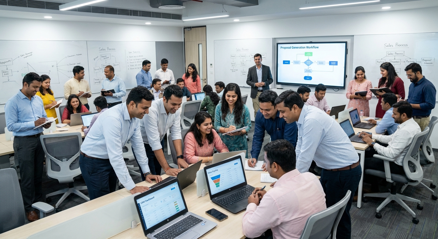 Interactive CRM training workshop with solar sales team using laptops and learning software
