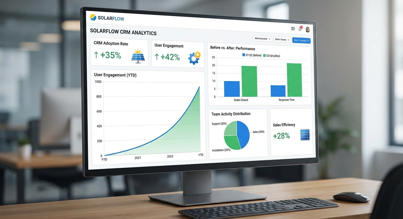 CRM analytics dashboard showing adoption metrics and performance improvements with upward trending graphs