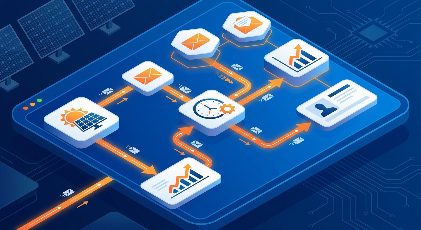 email automation workflow dashboard for solar CRM showing automated follow-up sequences