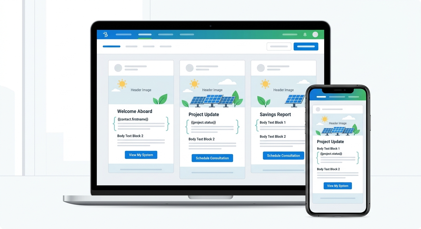 email automation templates for solar CRM with personalization fields and professional layouts