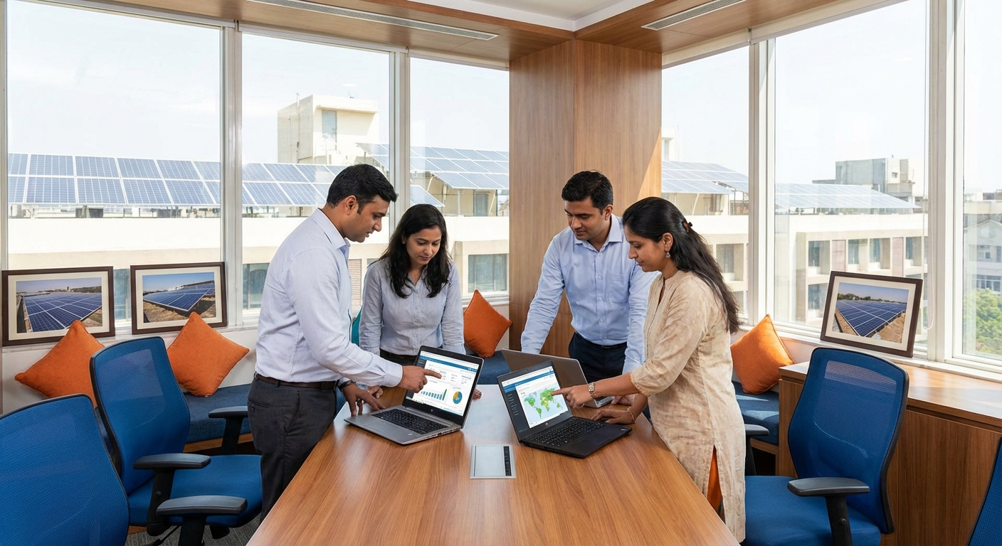 CRM software India comparison for solar businesses showing team evaluating platforms