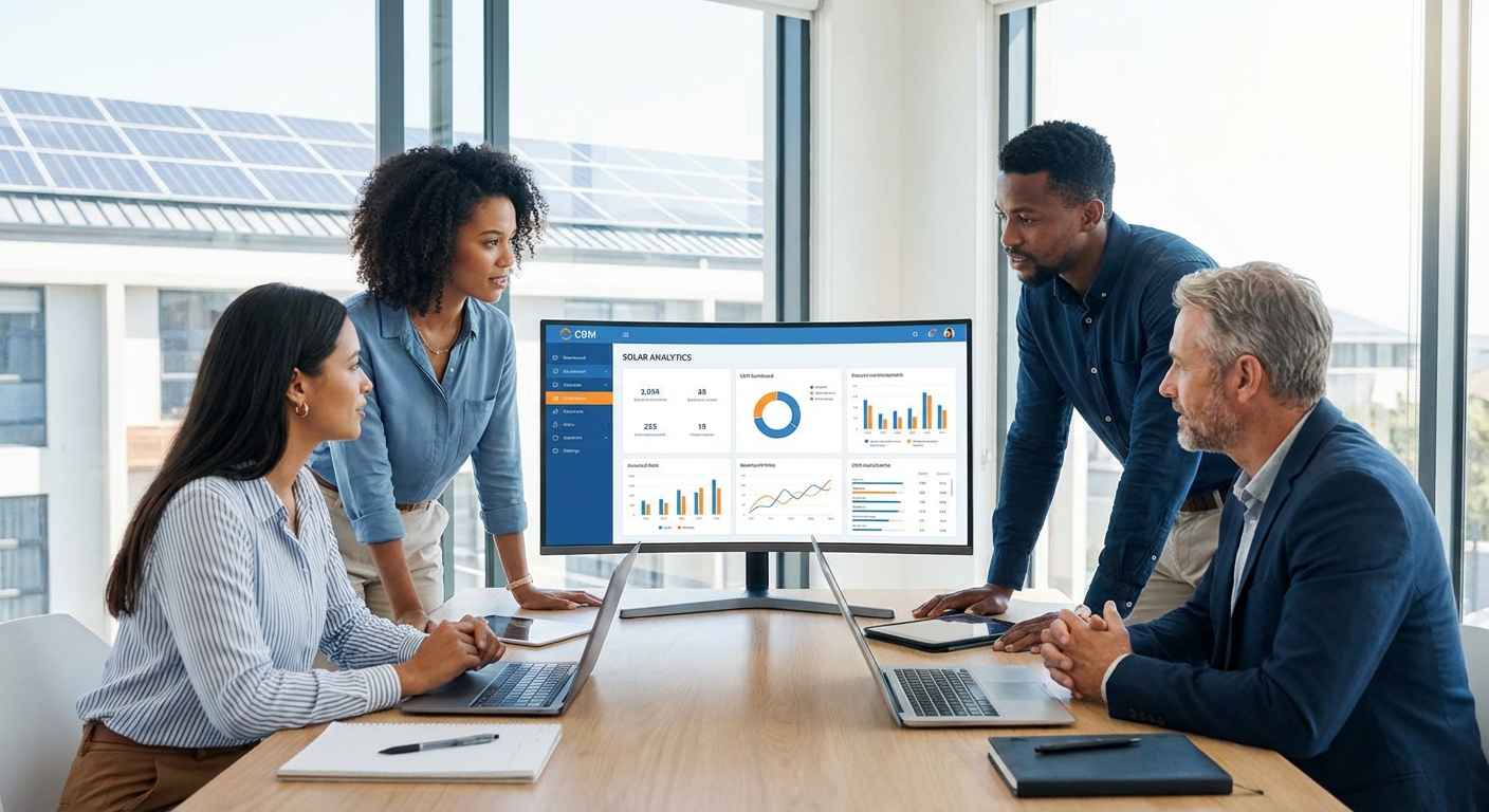 Solar business team reviewing CRM platforms and analytics dashboard