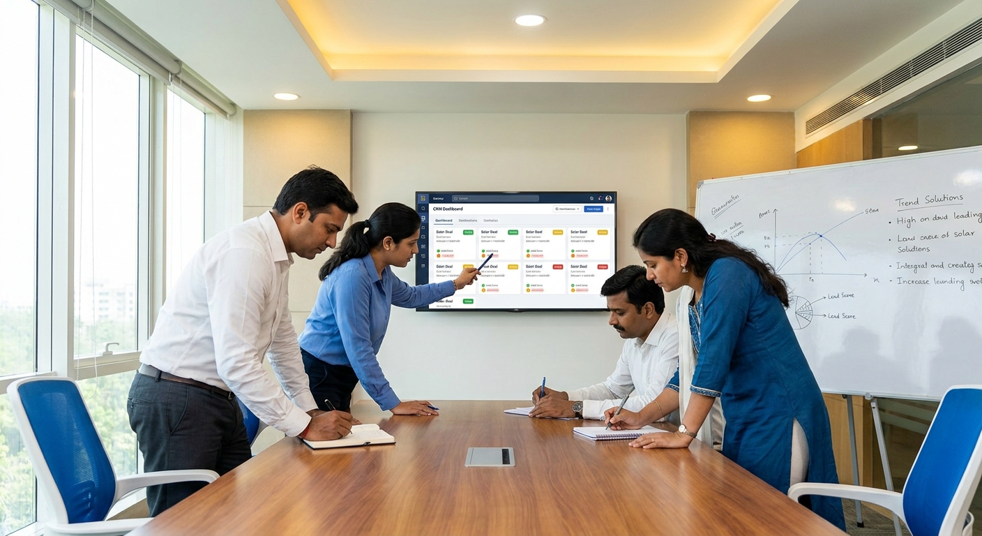 solar sales team reviewing lead scoring data on a CRM pipeline dashboard to prioritize high value prospects