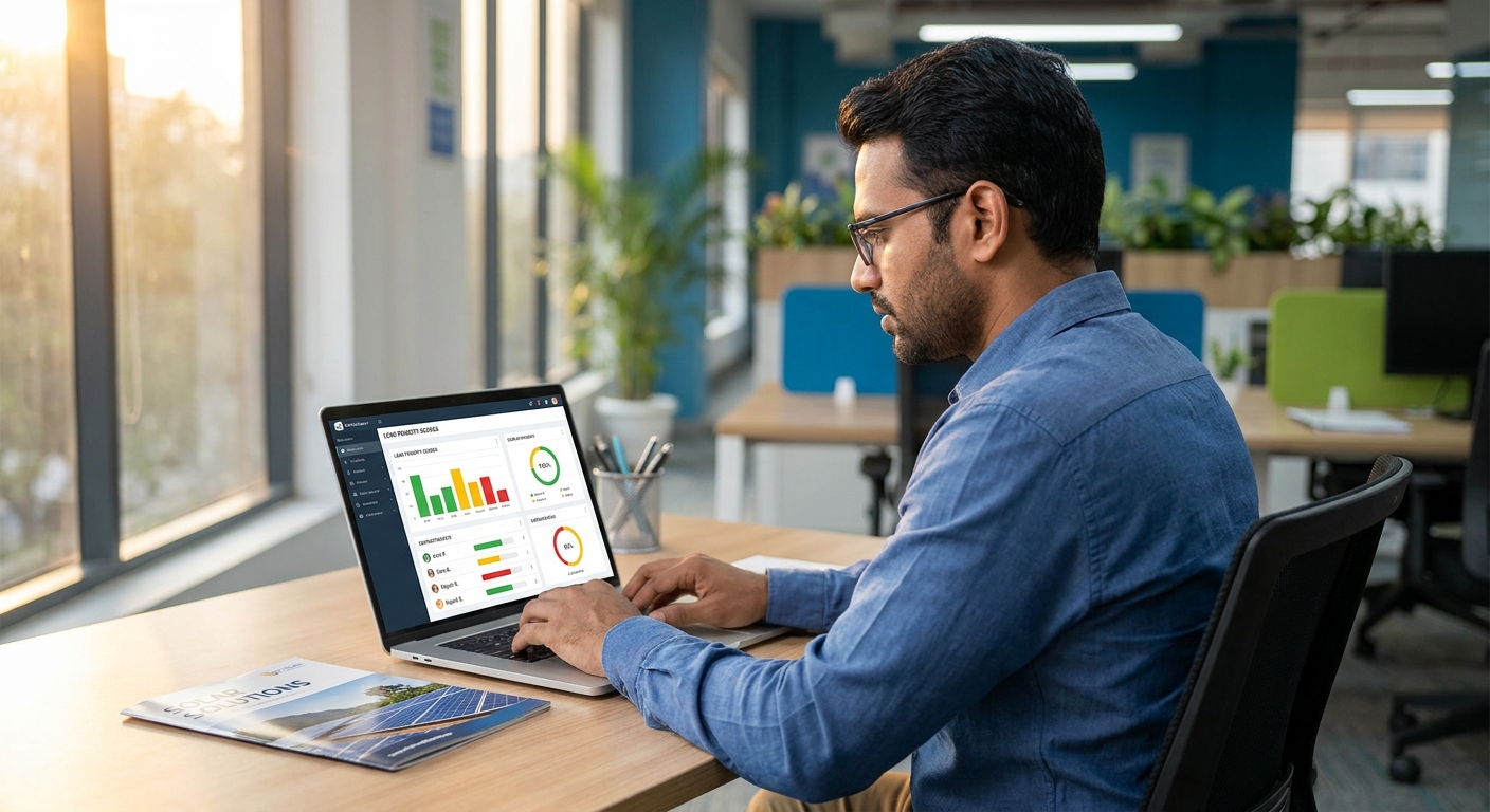lead scoring dashboard in a solar CRM showing prioritized prospect list with hot warm and cold indicators